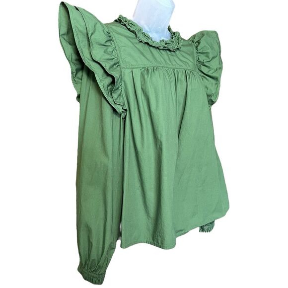Crown & Ivy Green Ruffle Top Sz L Cottagecore Prairie Victorian 100% Cotton - Picture 13 of 13